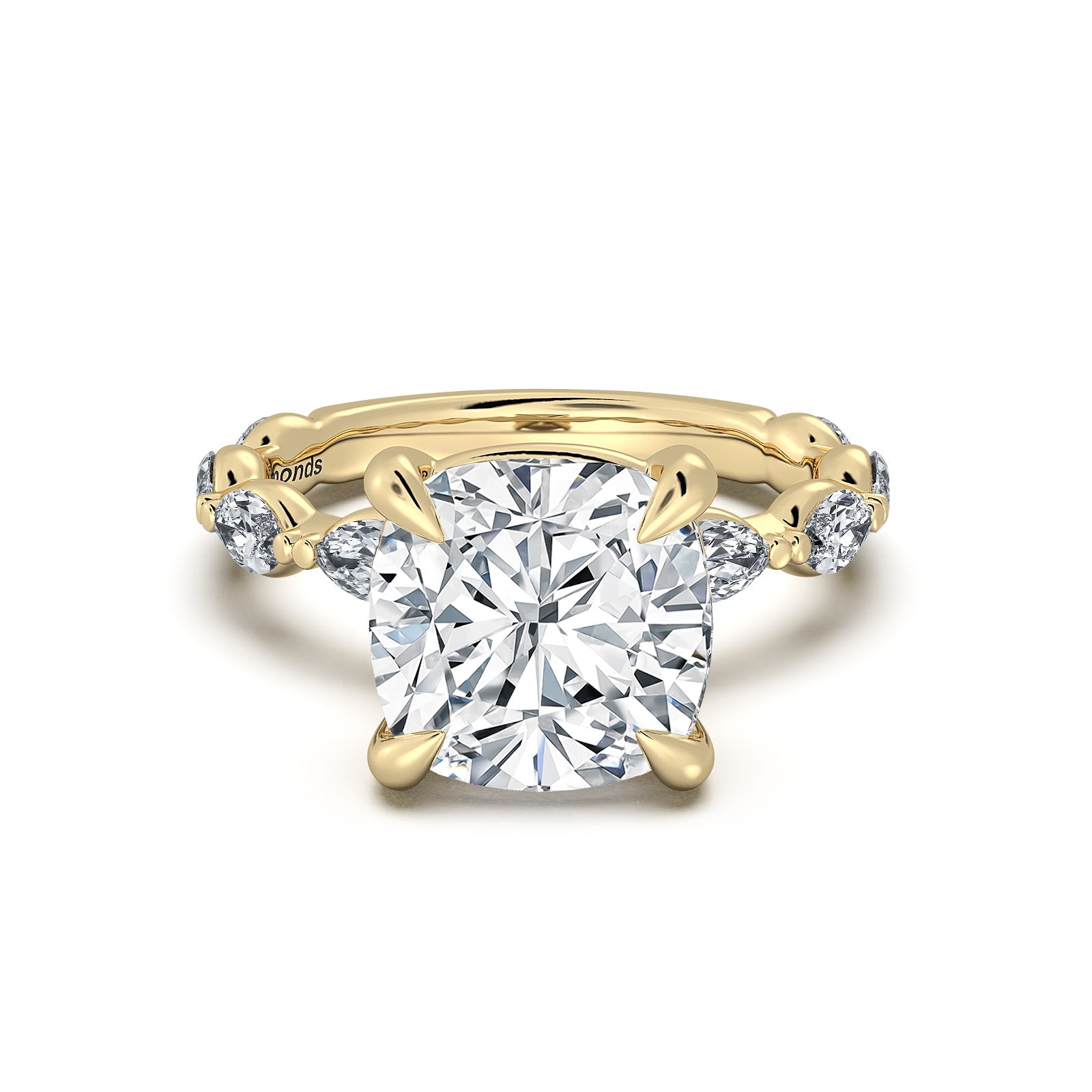 Yellow Gold Cushion Diamond Engagement Ring with Marquise Side Stone Band | Waco Diamonds Is Located In Waco, TX | Central Texas' #1 Engagement Ring Store With Lifetime Warranty