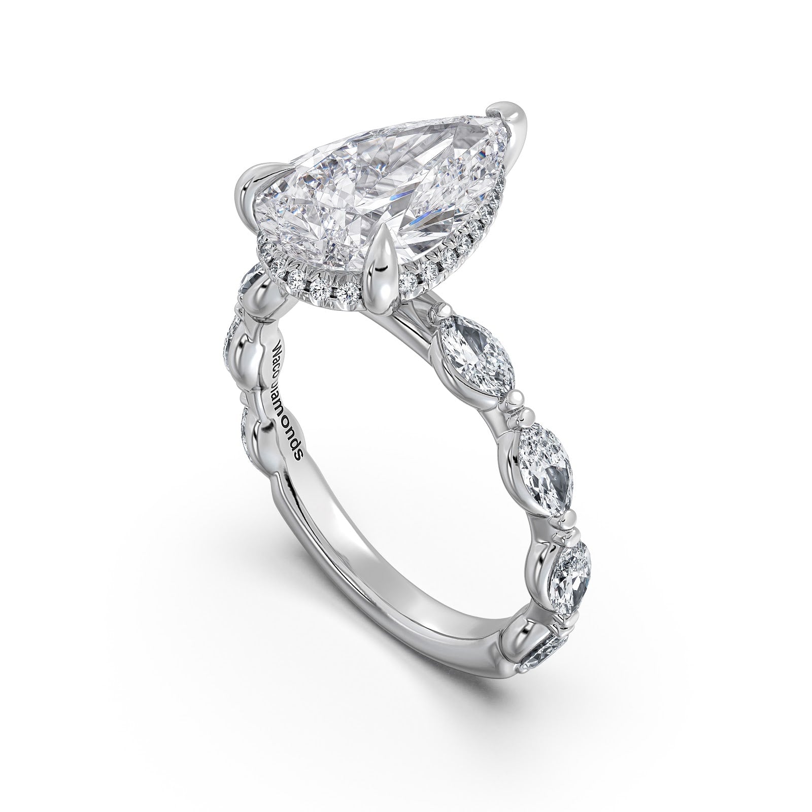 White Gold Pear Diamond Engagement Ring with Marquise Side Stone Band Side Profile | Waco Diamonds Is Located In Waco, TX | Central Texas' #1 Engagement Ring Store With Lifetime Warranty