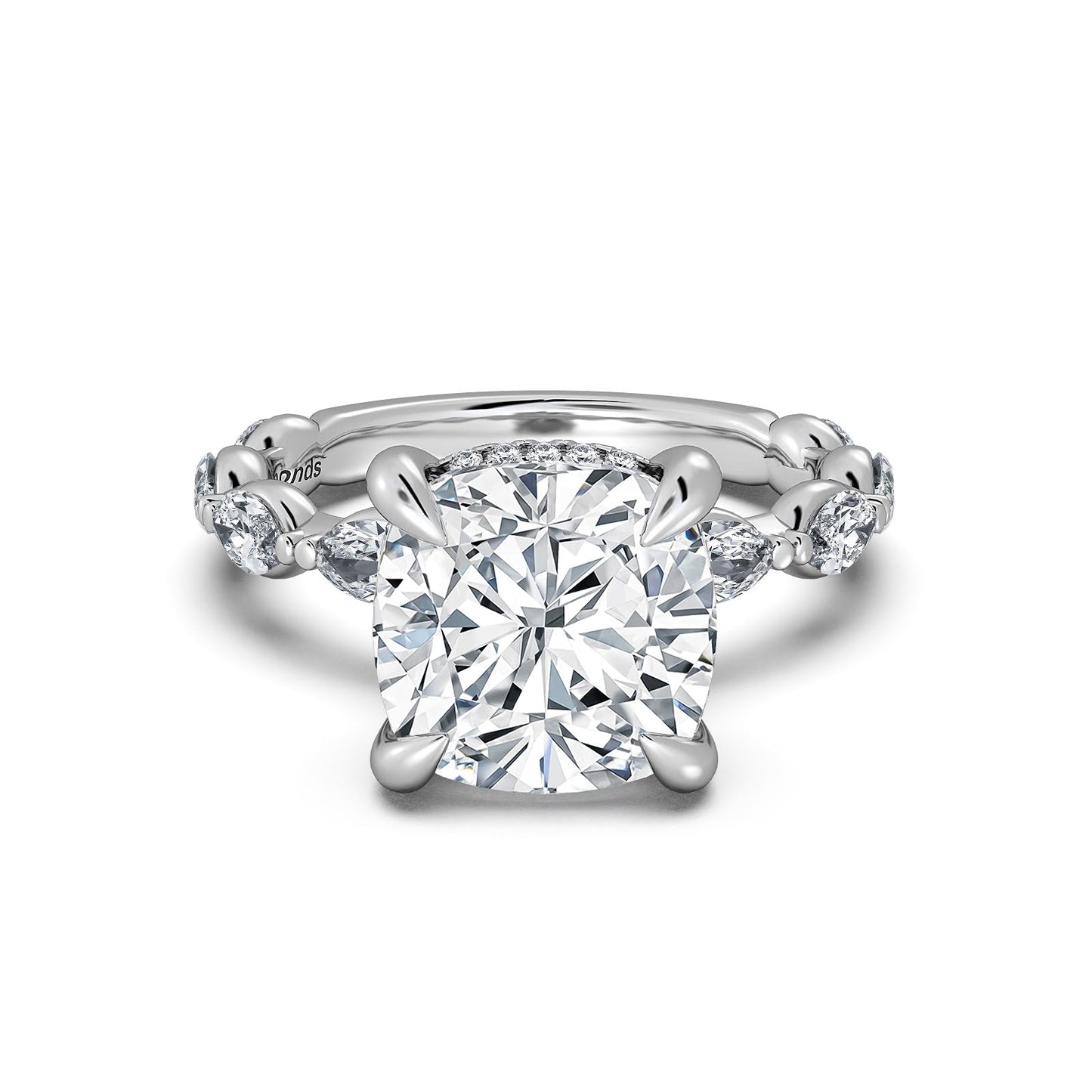 White Gold Cushion Diamond Engagement Ring with Marquise Side Stone Band | Waco Diamonds Is Located In Waco, TX | Central Texas' #1 Engagement Ring Store With Lifetime Warranty