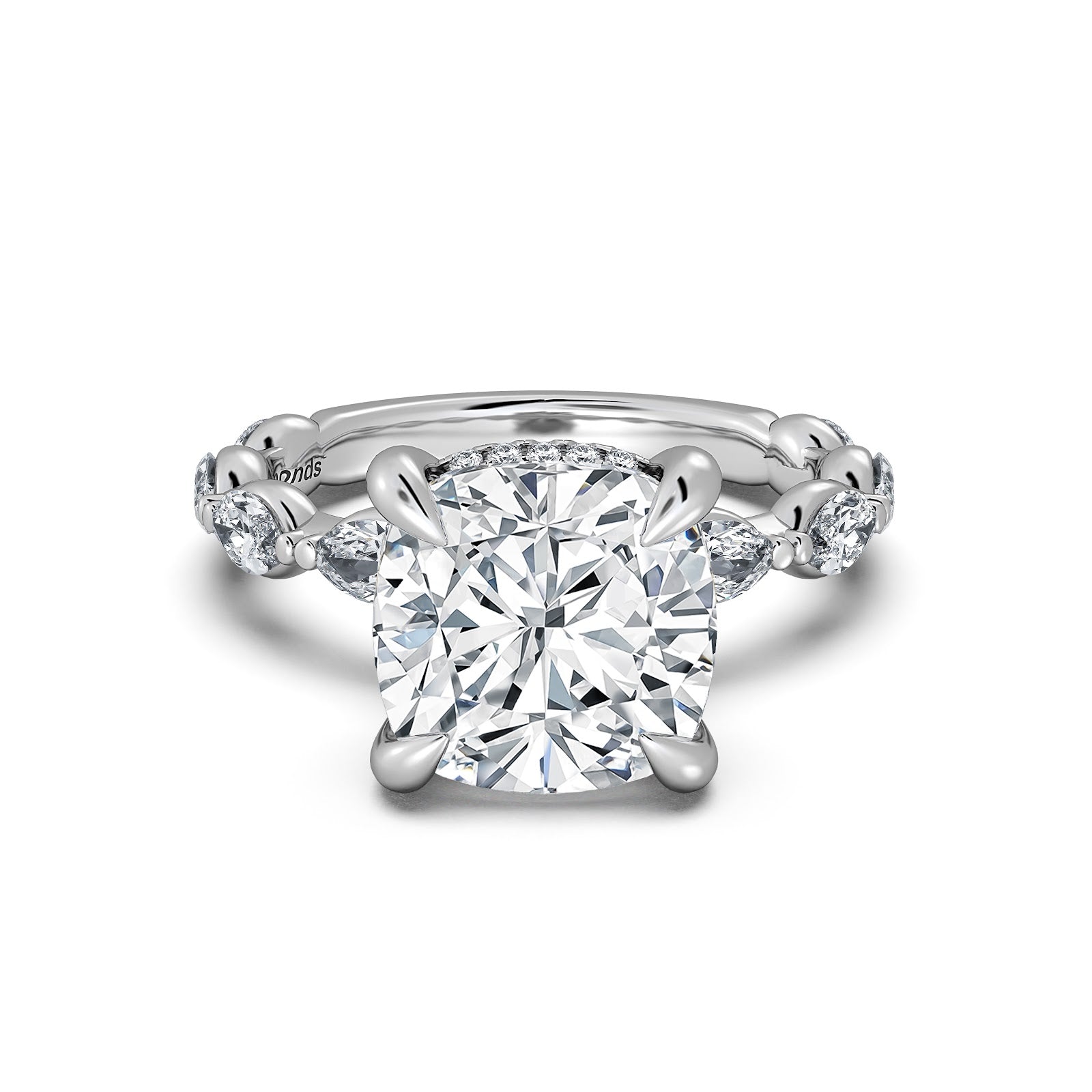 White Gold Cushion Diamond Engagement Ring with Marquise Side Stone Band | Waco Diamonds Is Located In Waco, TX | Central Texas' #1 Engagement Ring Store With Lifetime Warranty