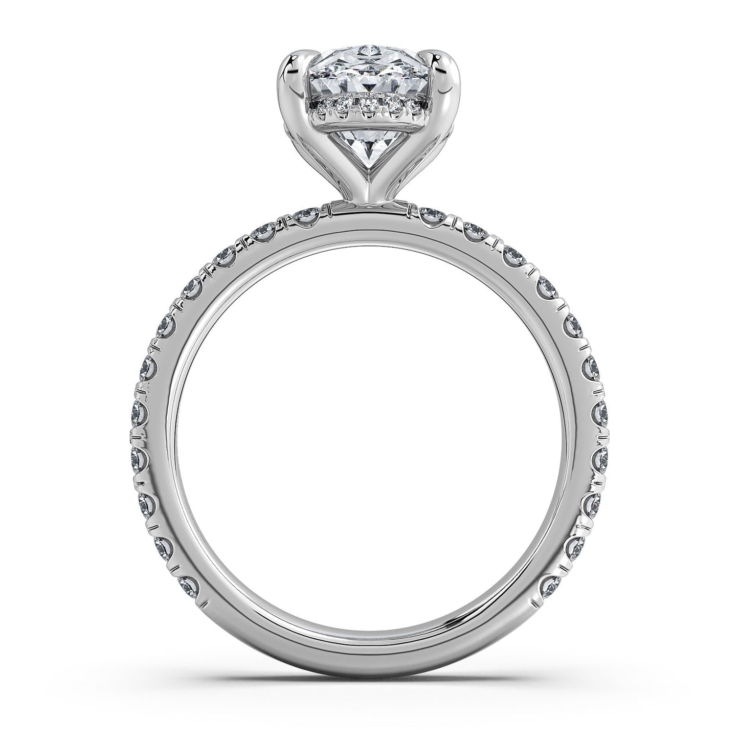 White Gold Oval Diamond Engagement Ring with Pave Band Profile View | Waco Diamonds Is Located In Waco, TX | Central Texas' #1 Engagement Ring Store With Lifetime Warranty