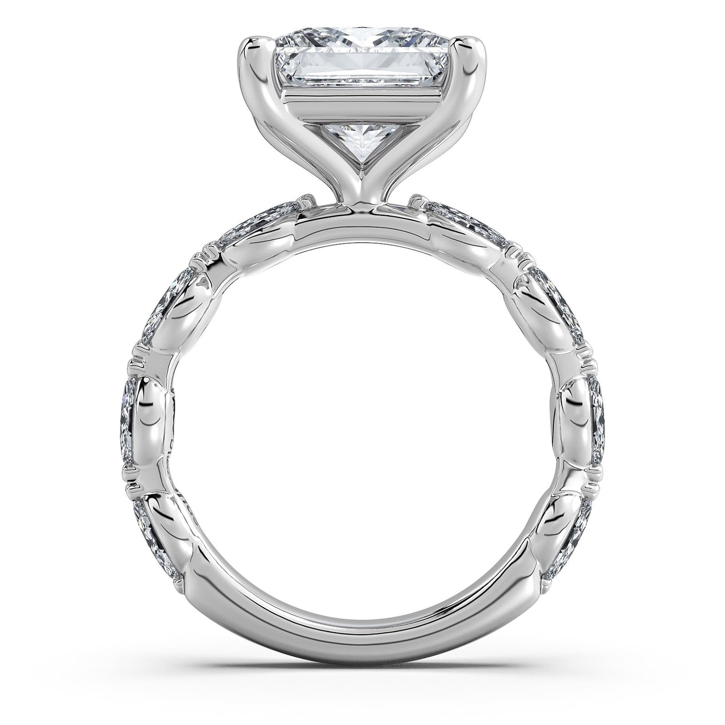 White Gold Princess Diamond Engagement Ring with Marquise Side Stone Band Profile View | Waco Diamonds Is Located In Waco, TX | Central Texas' #1 Engagement Ring Store With Lifetime Warranty