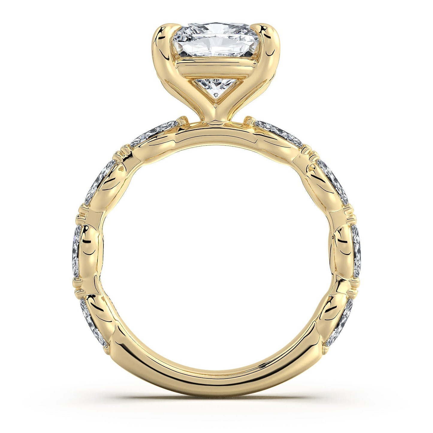 Yellow Gold Cushion Diamond Engagement Ring with Marquise Side Stone Band Profile View | Waco Diamonds Is Located In Waco, TX | Central Texas' #1 Engagement Ring Store With Lifetime Warranty