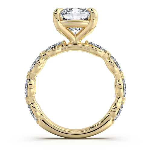 Load image 1 in gallery view. Yellow Gold Cushion Diamond Engagement Ring with Marquise Side Stone Band Profile View | Waco Diamonds Is Located In Waco, TX | Central Texas' #1 Engagement Ring Store With Lifetime Warranty