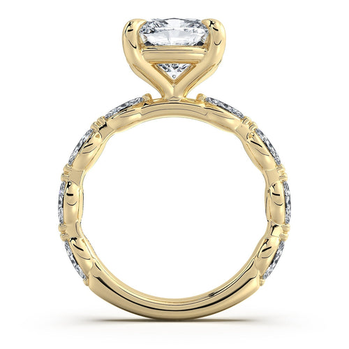 Load image 1 in gallery view. Yellow Gold Cushion Diamond Engagement Ring with Marquise Side Stone Band | Waco Diamonds Is Located In Waco, TX | Central Texas' #1 Engagement Ring Store With Lifetime Warranty