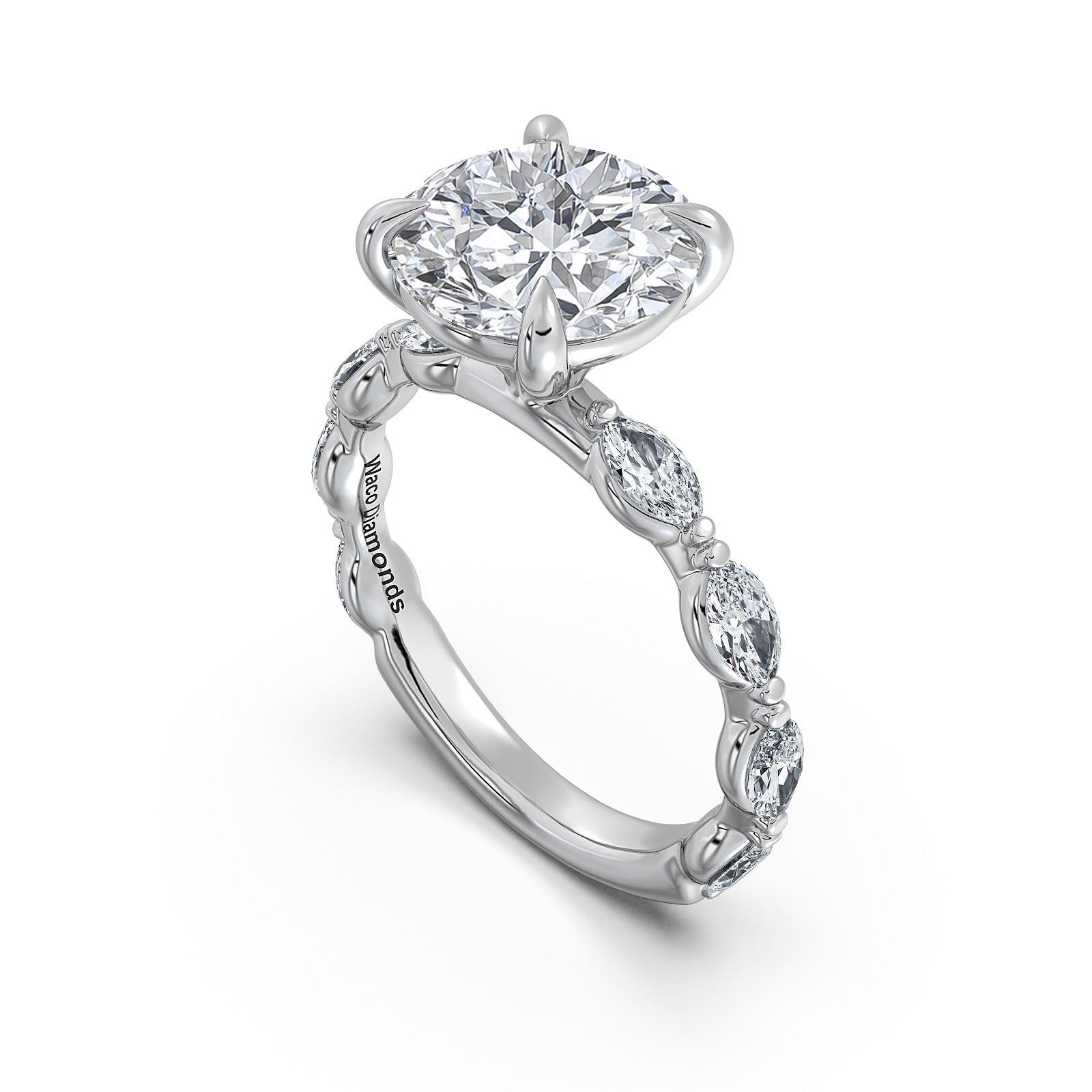 White Gold Round Diamond Engagement Ring with Marquise Side Stone Band Side Profile | Waco Diamonds Is Located In Waco, TX | Central Texas' #1 Engagement Ring Store With Lifetime Warranty