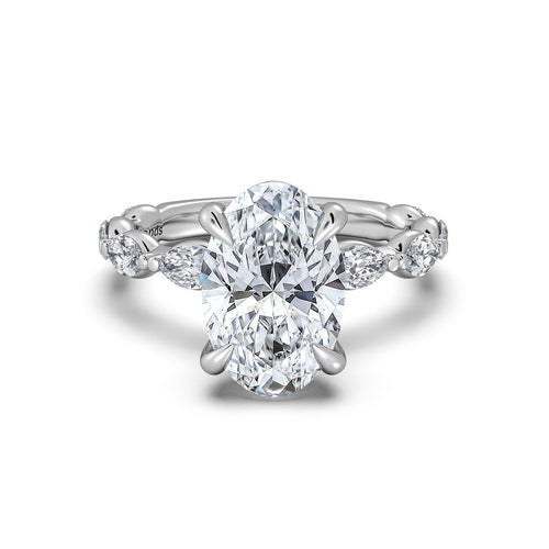 Load image 1 in gallery view. White Gold Oval Diamond Engagement Ring with Marquise Side Stone Band | Waco Diamonds Is Located In Waco, TX | Central Texas' #1 Engagement Ring Store With Lifetime Warranty