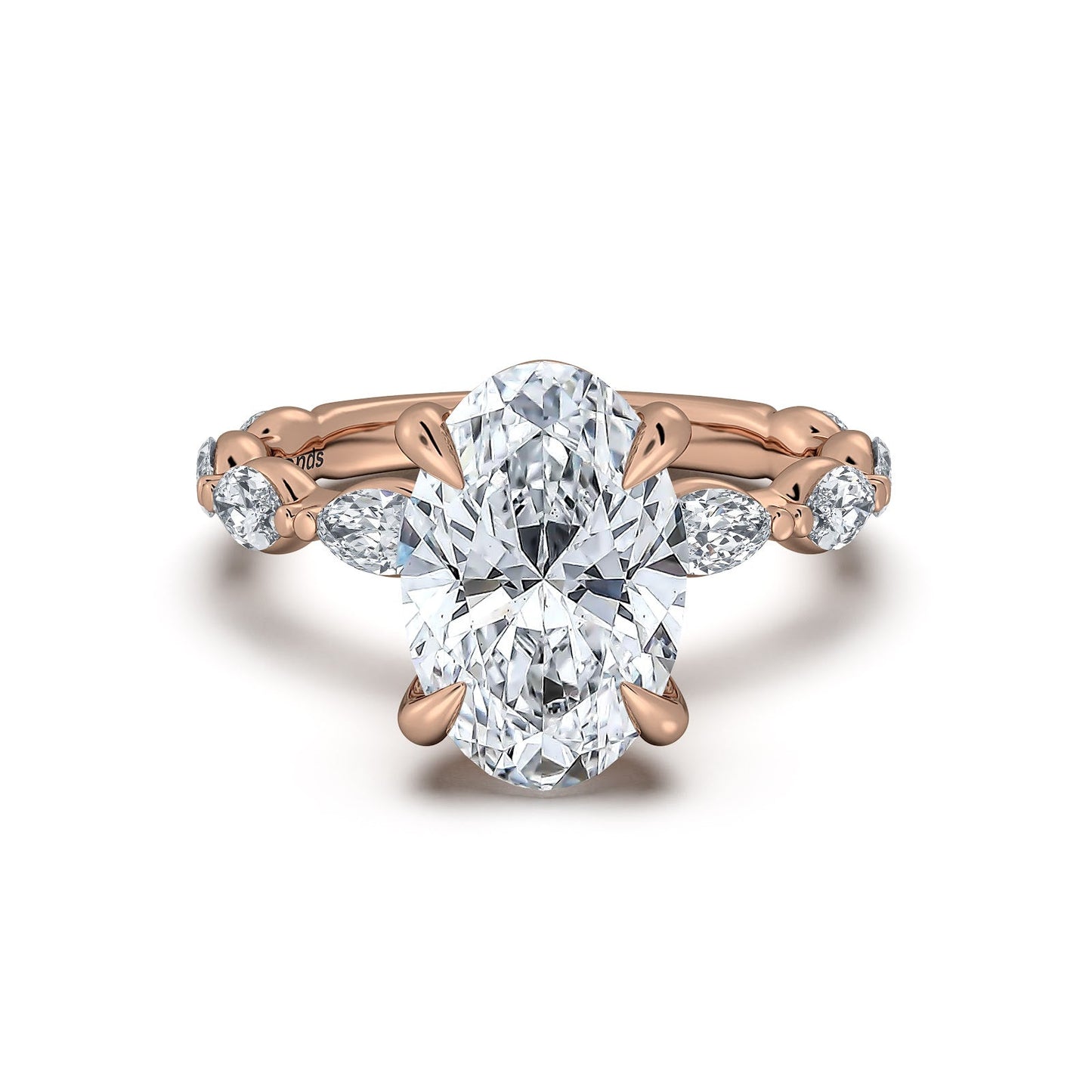 Rose Gold Oval Diamond Engagement Ring with Marquise Side Stone Band | Waco Diamonds Is Located In Waco, TX | Central Texas' #1 Engagement Ring Store With Lifetime Warranty