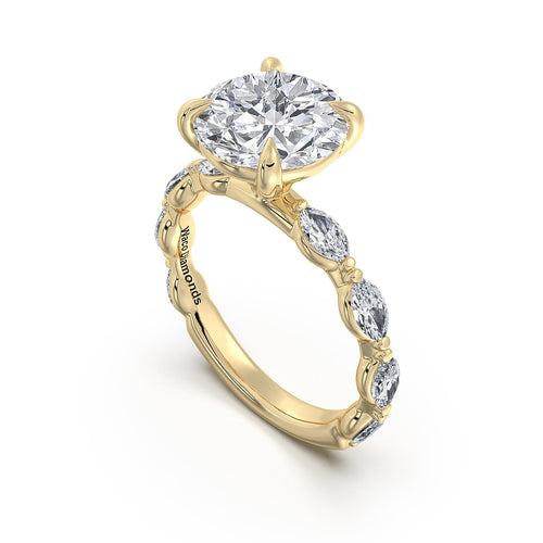 Load image 1 in gallery view. Yellow Gold Round Diamond Engagement Ring with Marquise Side Stone Band Side Profile | Waco Diamonds Is Located In Waco, TX | Central Texas' #1 Engagement Ring Store With Lifetime Warranty