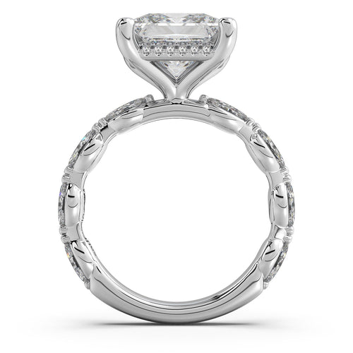 Load image 1 in gallery view. White Gold Princess Diamond Engagement Ring with Marquise Side Stone Band Profile View | Waco Diamonds Is Located In Waco, TX | Central Texas' #1 Engagement Ring Store With Lifetime Warranty