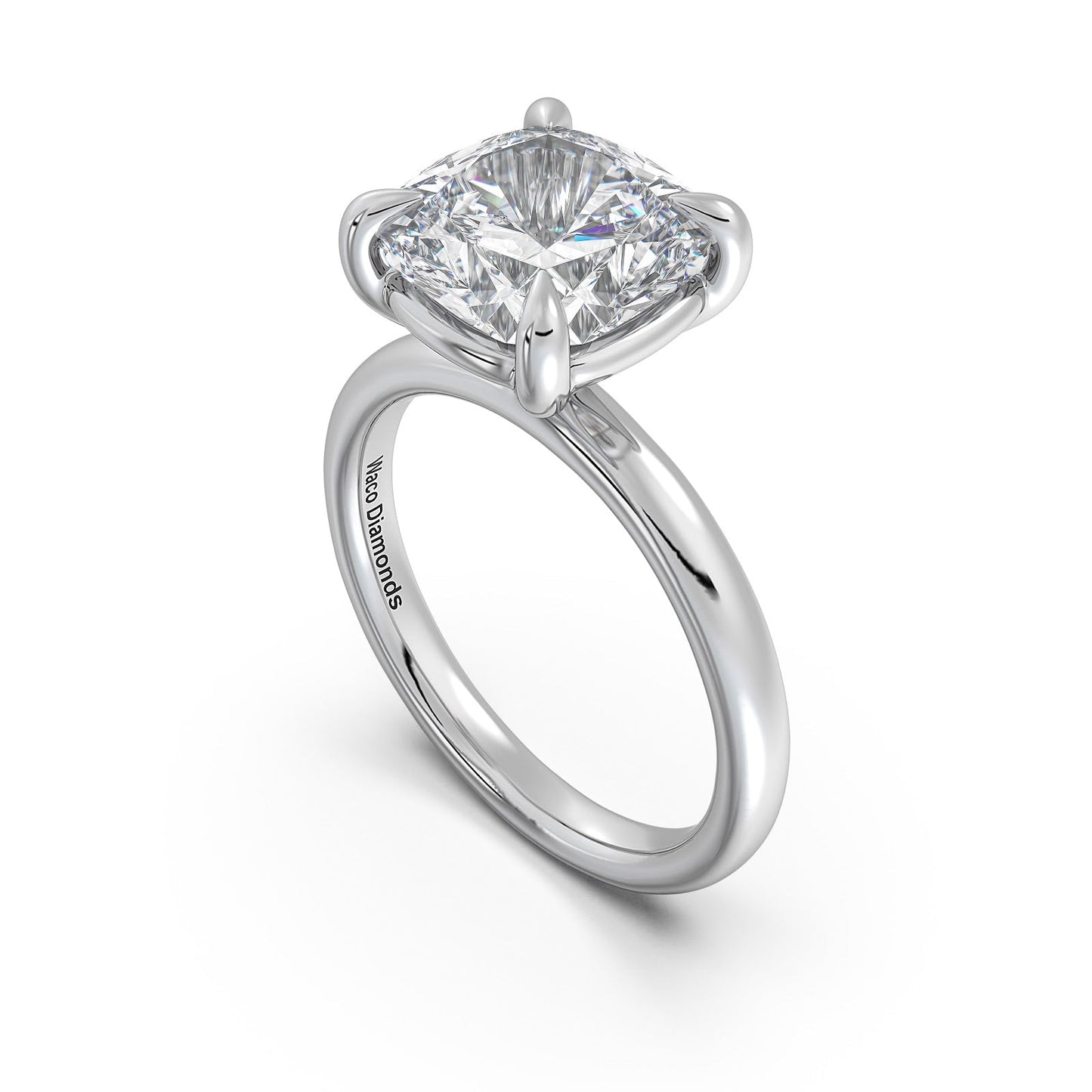 White Gold Cushion Diamond Engagement Ring with Solitaire Band Side Profile | Waco Diamonds Is Located In Waco, TX | Central Texas' #1 Engagement Ring Store With Lifetime Warranty