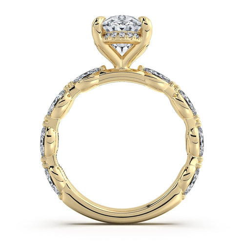 Load image 1 in gallery view. Yellow Gold Oval Diamond Engagement Ring with Marquise Side Stone Band Profile View | Waco Diamonds Is Located In Waco, TX | Central Texas' #1 Engagement Ring Store With Lifetime Warranty