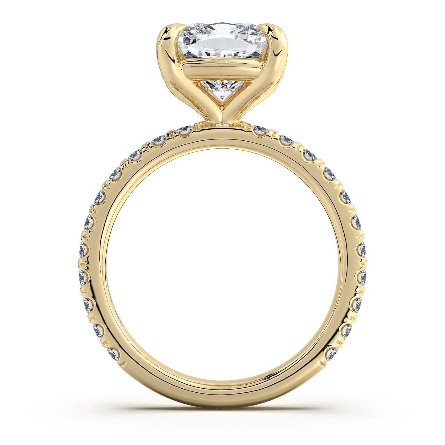Yellow Gold Cushion Diamond Engagement Ring with Pave Band Profile View | Waco Diamonds Is Located In Waco, TX | Central Texas' #1 Engagement Ring Store With Lifetime Warranty
