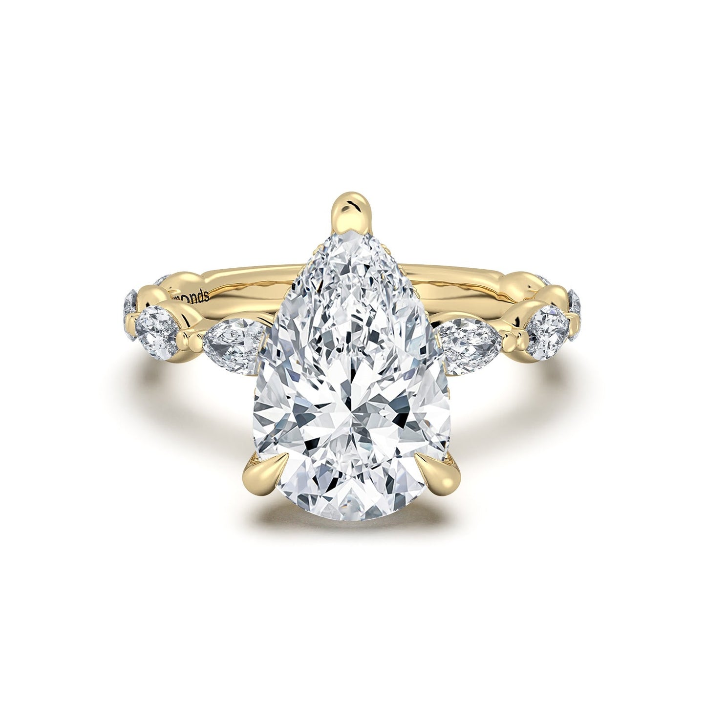 Yellow Gold Pear Diamond Engagement Ring with Marquise Side Stone Band | Waco Diamonds Is Located In Waco, TX | Central Texas' #1 Engagement Ring Store With Lifetime Warranty