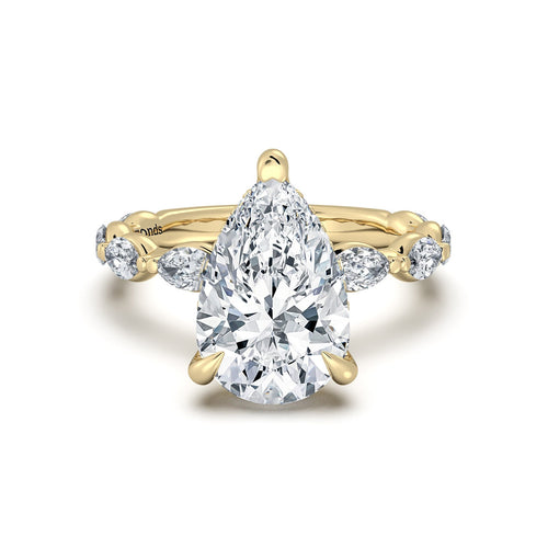 Load image 1 in gallery view. Yellow Gold Pear Diamond Engagement Ring with Marquise Side Stone Band | Waco Diamonds Is Located In Waco, TX | Central Texas' #1 Engagement Ring Store With Lifetime Warranty