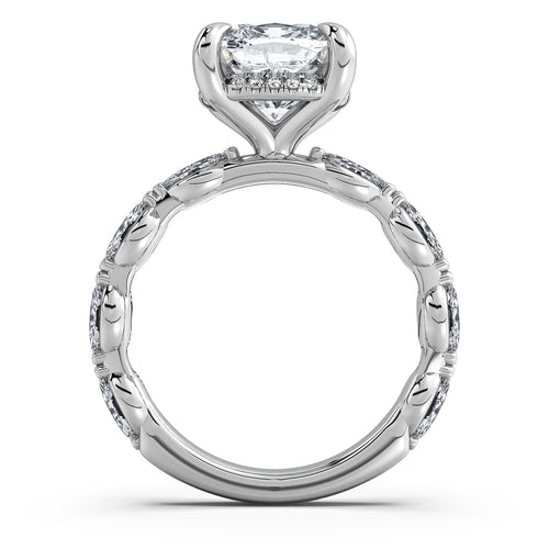 Load image 1 in gallery view. White Gold Cushion Diamond Engagement Ring with Marquise Side Stone Band Profile View | Waco Diamonds Is Located In Waco, TX | Central Texas' #1 Engagement Ring Store With Lifetime Warranty
