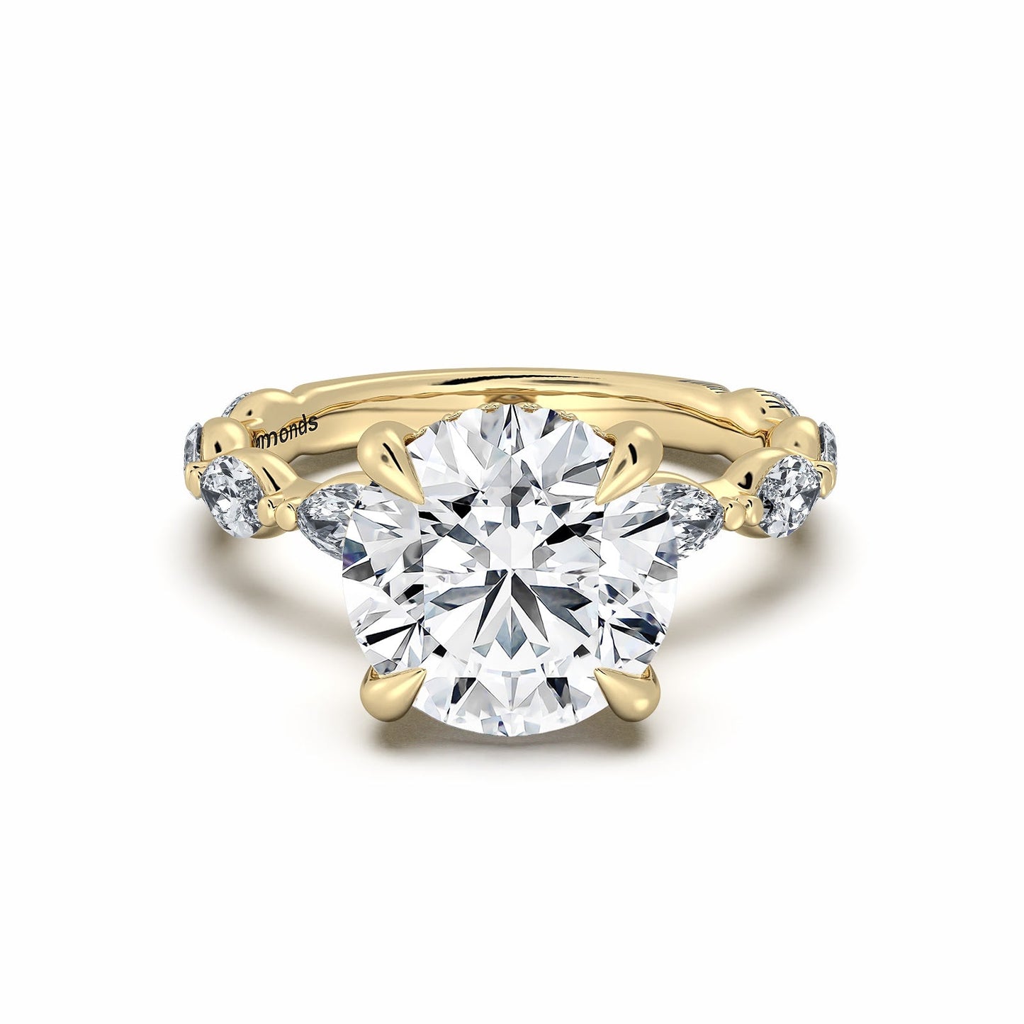 Yellow Gold Round Diamond Engagement Ring with Marquise Side Stone Band | Waco Diamonds Is Located In Waco, TX | Central Texas' #1 Engagement Ring Store With Lifetime Warranty