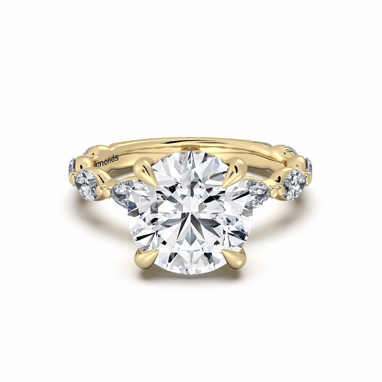Yellow Gold Round Diamond Engagement Ring with Marquise Side Stone Band | Waco Diamonds Is Located In Waco, TX | Central Texas' #1 Engagement Ring Store With Lifetime Warranty