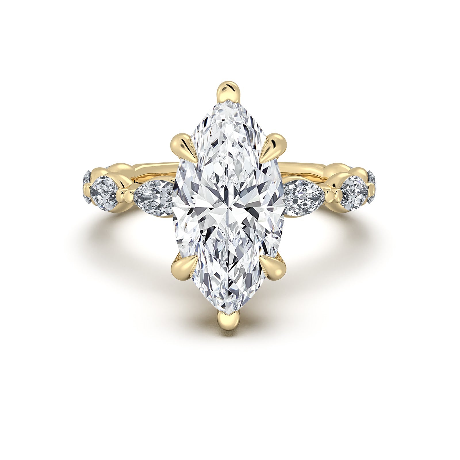 Yellow Gold Marquise Diamond Engagement Ring with Marquise Side Stone Band | Waco Diamonds Is Located In Waco, TX | Central Texas' #1 Engagement Ring Store With Lifetime Warranty