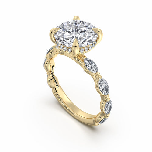 Load image 1 in gallery view. Yellow Gold Round Diamond Engagement Ring with Marquise Side Stone Band Side Profile | Waco Diamonds Is Located In Waco, TX | Central Texas' #1 Engagement Ring Store With Lifetime Warranty