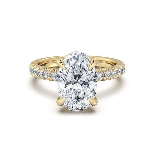 Load image 1 in gallery view. Yellow Gold Oval Diamond Engagement Ring with Pave Band | Waco Diamonds Is Located In Waco, TX | Central Texas' #1 Engagement Ring Store With Lifetime Warranty