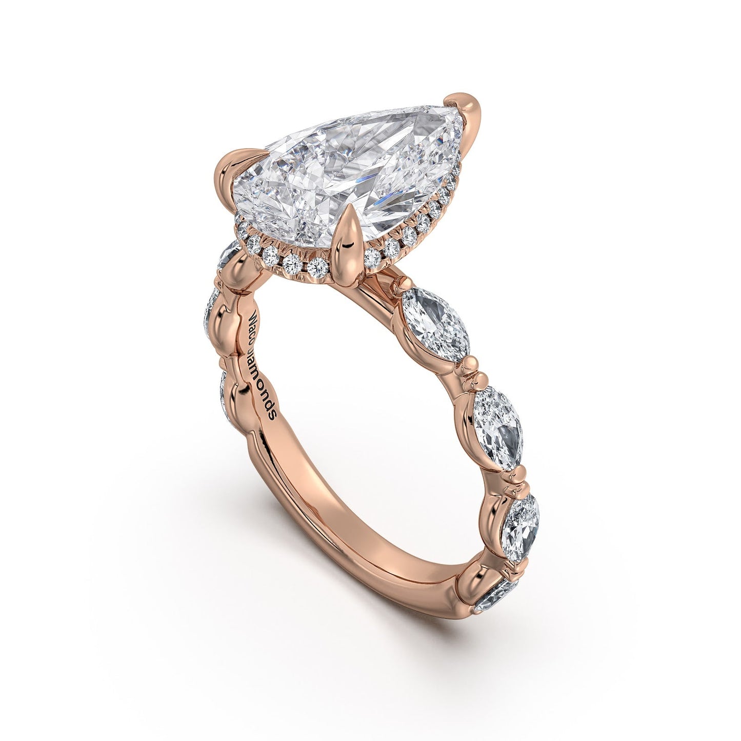 Rose Gold Pear Diamond Engagement Ring with Marquise Side Stone Band Side Profile | Waco Diamonds Is Located In Waco, TX | Central Texas' #1 Engagement Ring Store With Lifetime Warranty