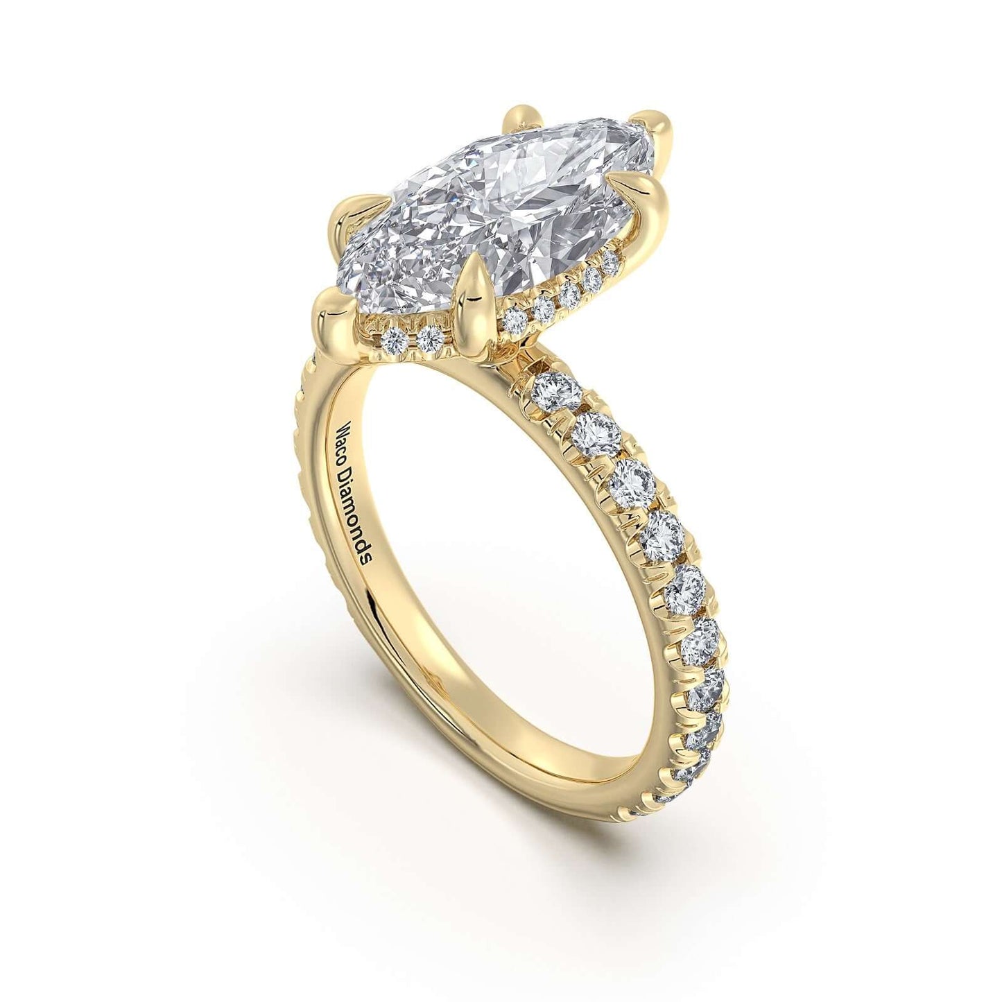 Yellow Gold Marquise Diamond Engagement Ring with Pave Band Side Profile | Waco Diamonds Is Located In Waco, TX | Central Texas' #1 Engagement Ring Store With Lifetime Warranty
