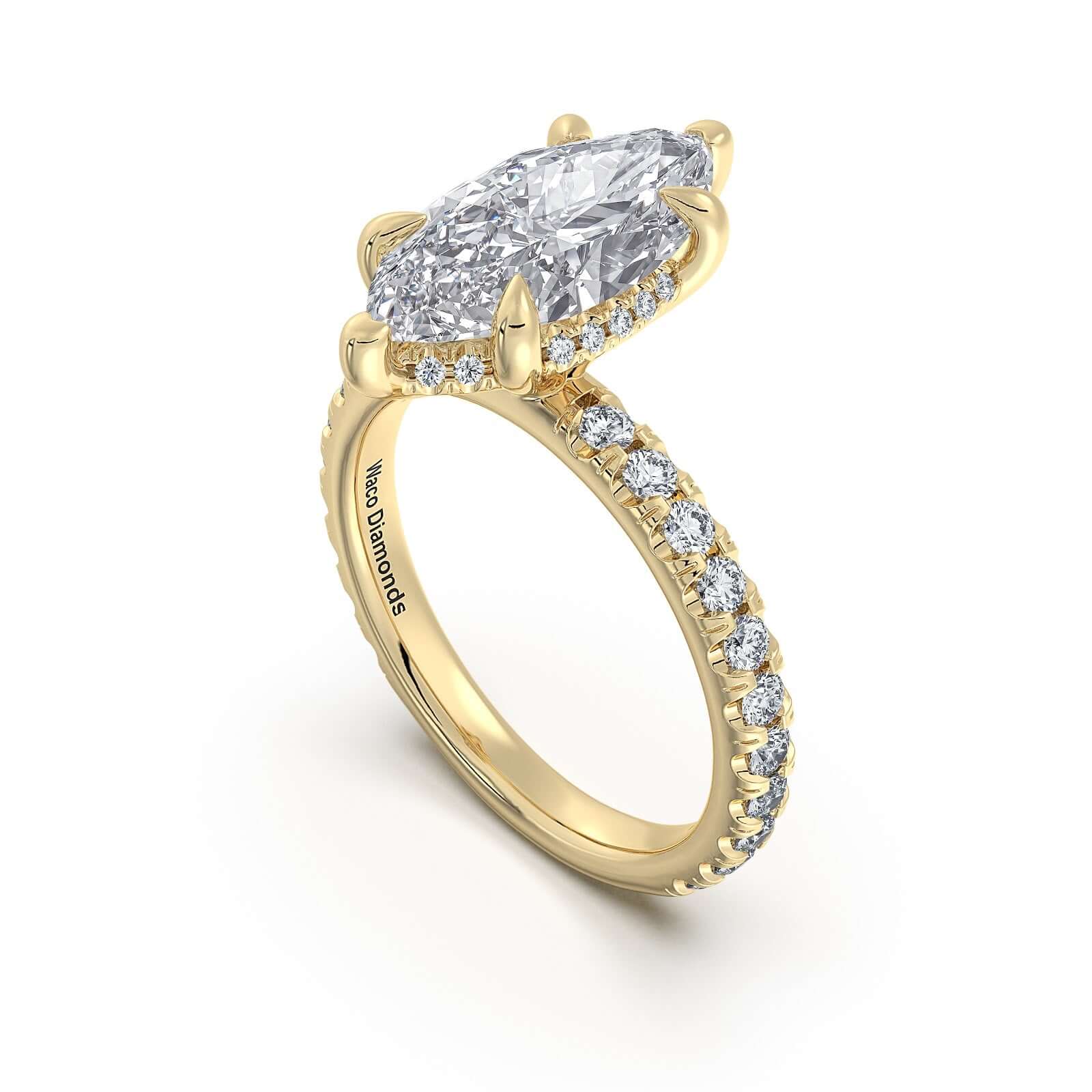 Yellow Gold Marquise Diamond Engagement Ring with Pave Band Side Profile | Waco Diamonds Is Located In Waco, TX | Central Texas' #1 Engagement Ring Store With Lifetime Warranty