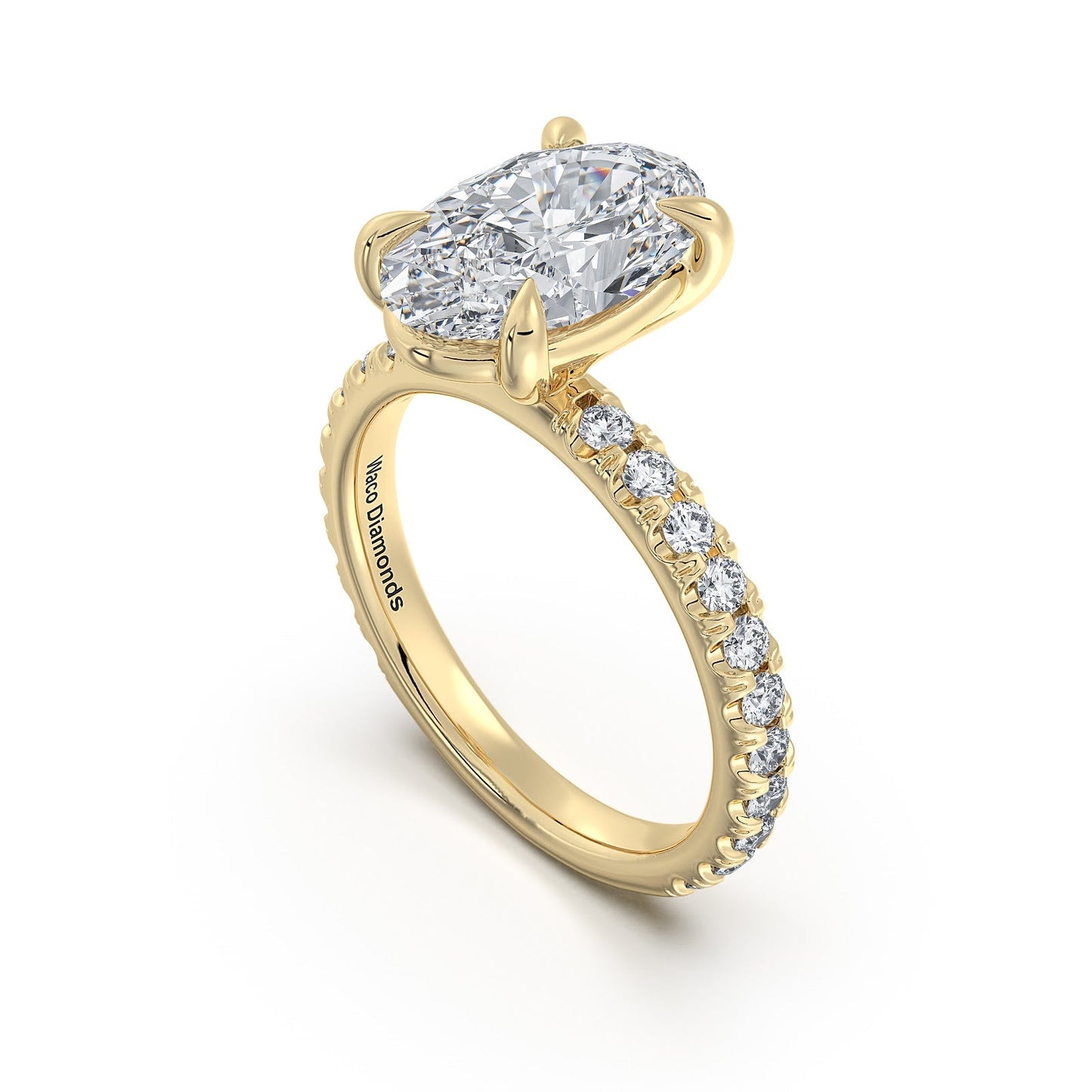 Yellow Gold Oval Diamond Engagement Ring with Pave Band Side Profile | Waco Diamonds Is Located In Waco, TX | Central Texas' #1 Engagement Ring Store With Lifetime Warranty