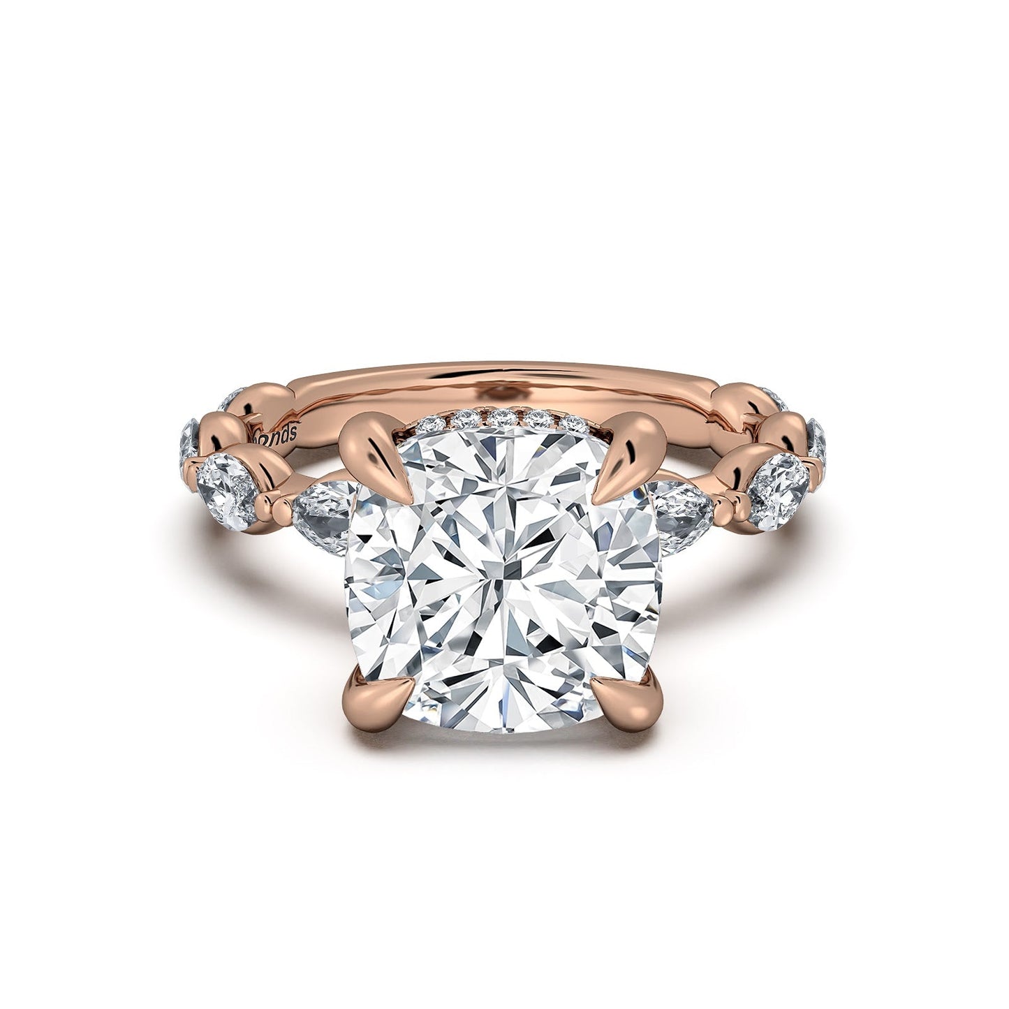 Rose Gold Cushion Diamond Engagement Ring with Marquise Side Stone Band | Waco Diamonds Is Located In Waco, TX | Central Texas' #1 Engagement Ring Store With Lifetime Warranty
