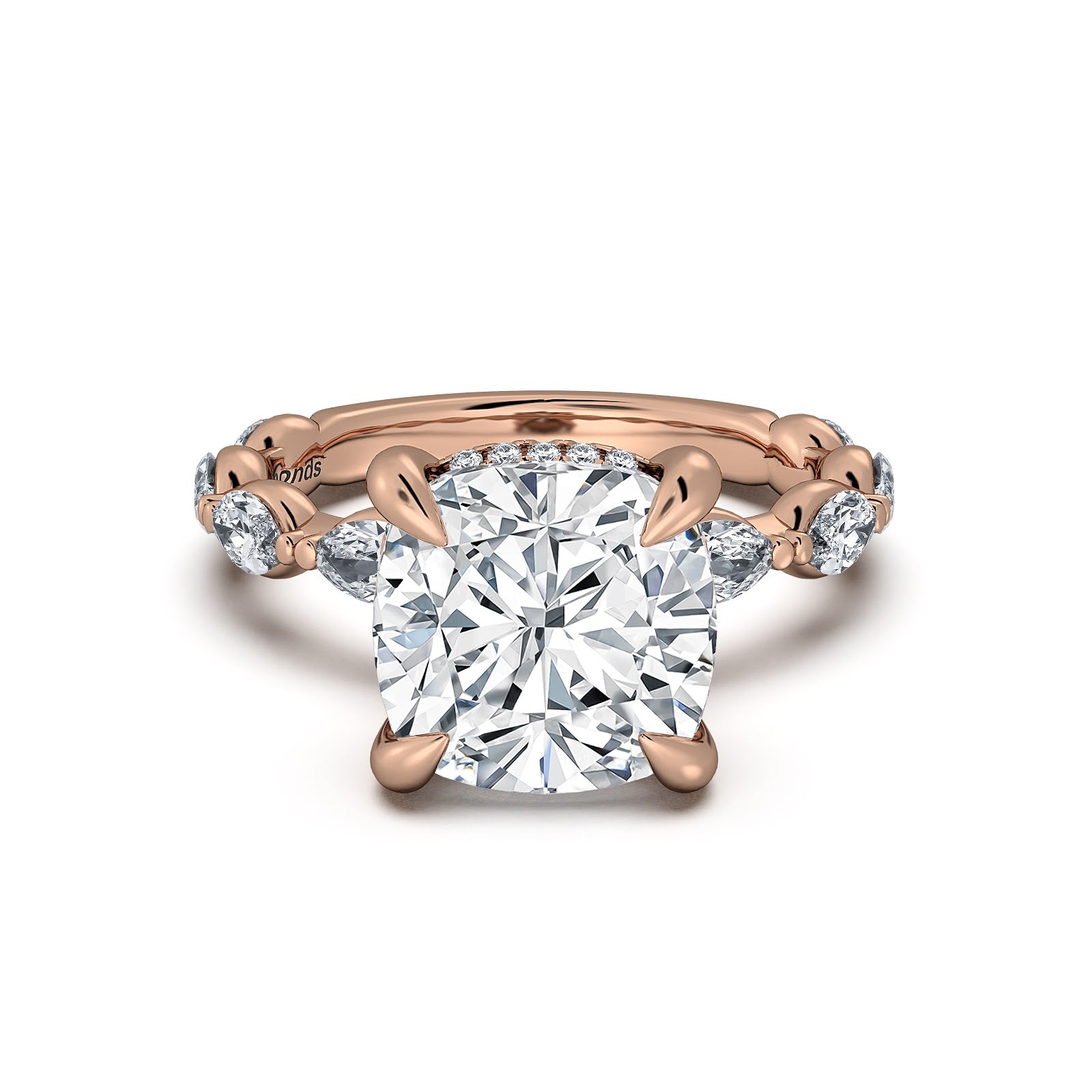 Rose Gold Cushion Diamond Engagement Ring with Marquise Side Stone Band | Waco Diamonds Is Located In Waco, TX | Central Texas' #1 Engagement Ring Store With Lifetime Warranty