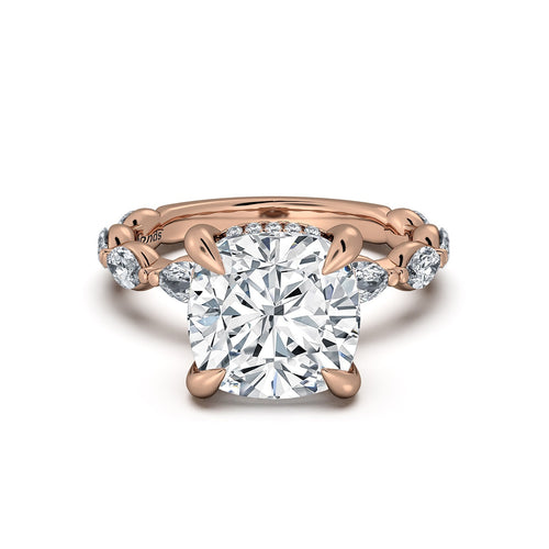 Load image 1 in gallery view. Rose Gold Cushion Diamond Engagement Ring with Marquise Side Stone Band | Waco Diamonds Is Located In Waco, TX | Central Texas' #1 Engagement Ring Store With Lifetime Warranty
