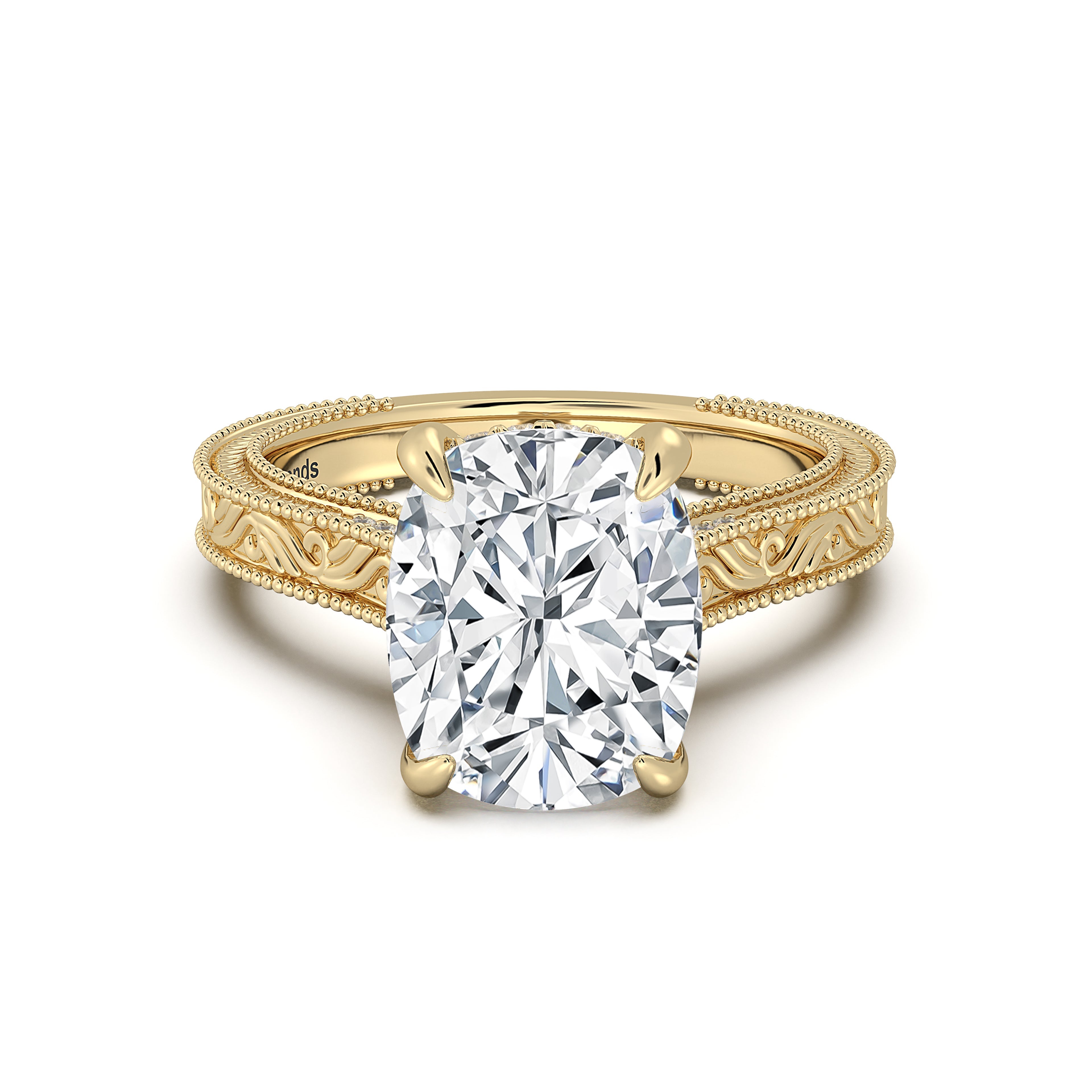 Yellow Gold Cushion Hand-Engraved Diamond Engagement Ring | Waco Diamonds Is Located In Waco, TX | Central Texas' #1 Engagement Ring Store With Lifetime Warranty