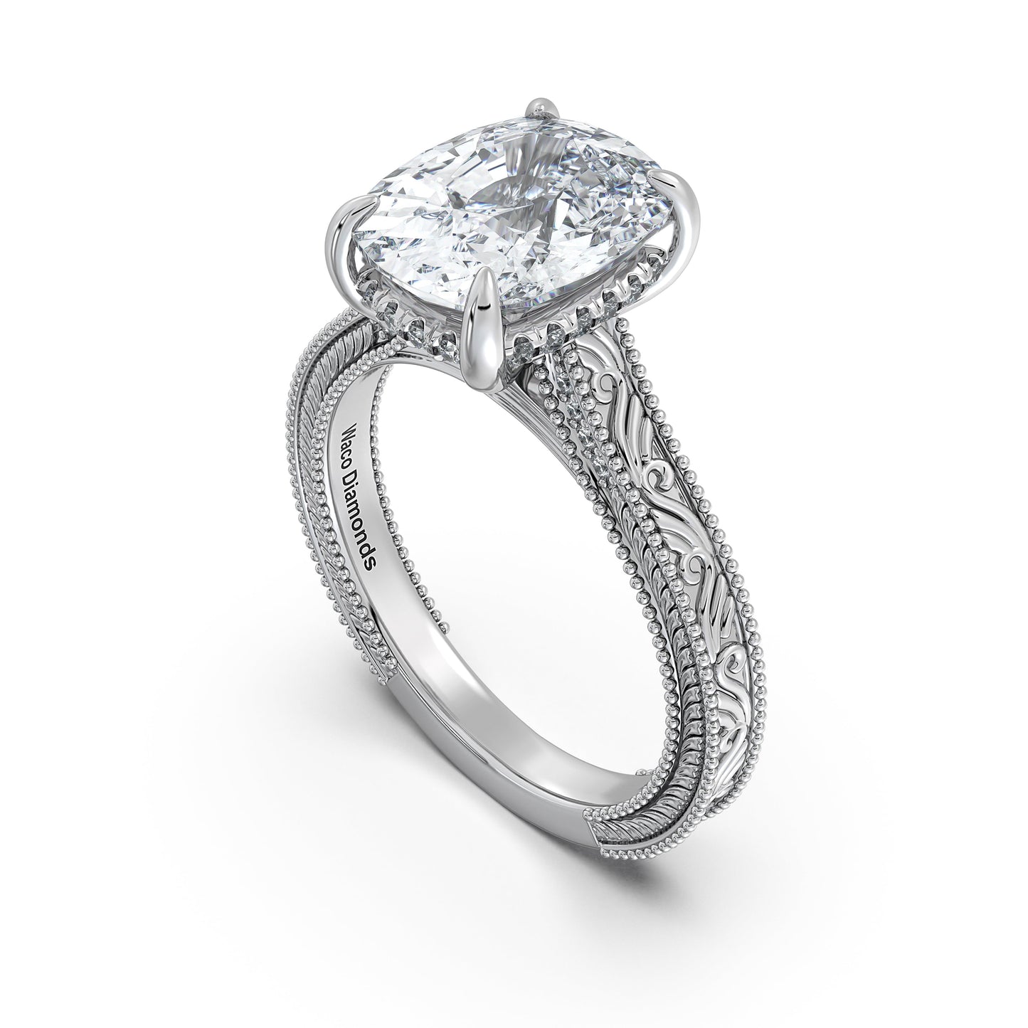 White Gold Cushion Hand-Engraved Diamond Engagement Ring Side Profile | Waco Diamonds Is Located In Waco, TX | Central Texas' #1 Engagement Ring Store With Lifetime Warranty