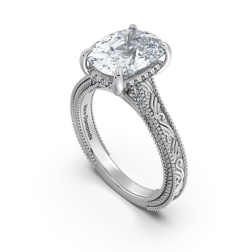 Load image 1 in gallery view. White Gold Cushion Hand-Engraved Diamond Engagement Ring Side Profile | Waco Diamonds Is Located In Waco, TX | Central Texas' #1 Engagement Ring Store With Lifetime Warranty