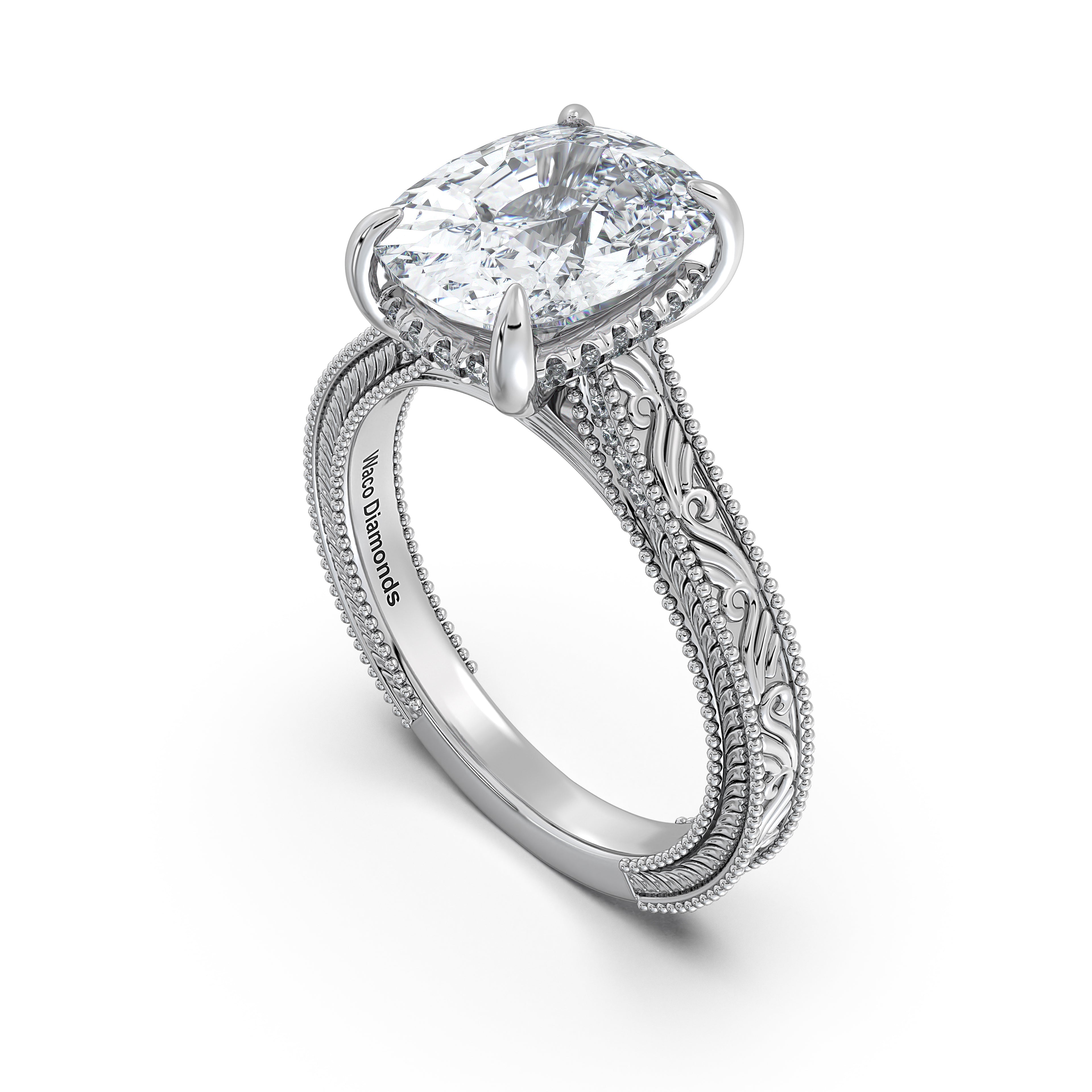 White Gold Cushion Hand-Engraved Diamond Engagement Ring Side Profile | Waco Diamonds Is Located In Waco, TX | Central Texas' #1 Engagement Ring Store With Lifetime Warranty