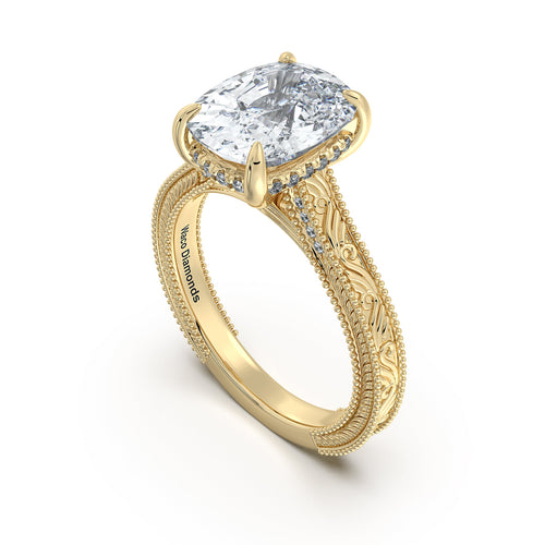 Load image 1 in gallery view. Yellow Gold Cushion Hand-Engraved Diamond Engagement Ring Side Profile | Waco Diamonds Is Located In Waco, TX | Central Texas' #1 Engagement Ring Store With Lifetime Warranty