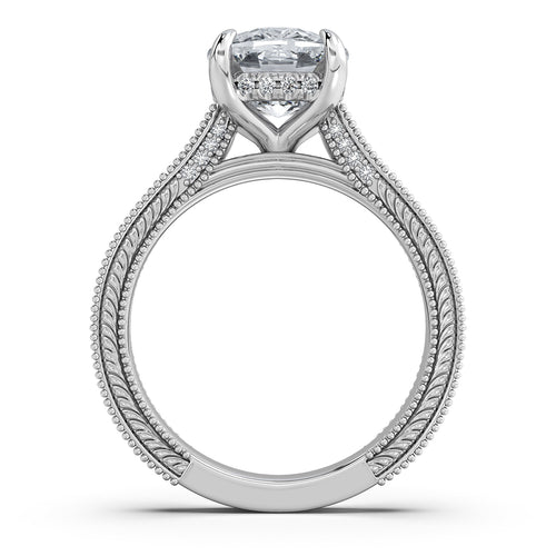 Load image 1 in gallery view. White Gold Cushion Hand-Engraved Diamond Engagement Ring Profile View | Waco Diamonds Is Located In Waco, TX | Central Texas' #1 Engagement Ring Store With Lifetime Warranty