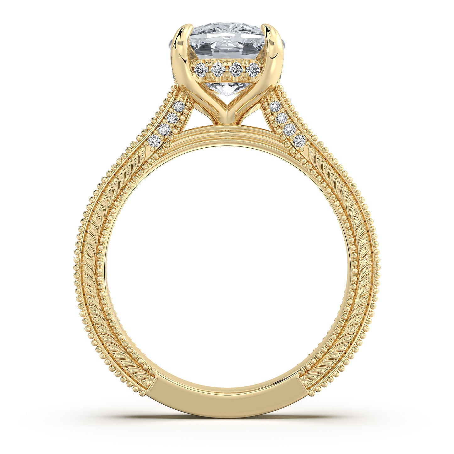 Yellow Gold Cushion Hand-Engraved Diamond Engagement Ring Profile View | Waco Diamonds Is Located In Waco, TX | Central Texas' #1 Engagement Ring Store With Lifetime Warranty