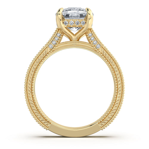 Load image 1 in gallery view. Yellow Gold Cushion Hand-Engraved Diamond Engagement Ring Profile View | Waco Diamonds Is Located In Waco, TX | Central Texas' #1 Engagement Ring Store With Lifetime Warranty