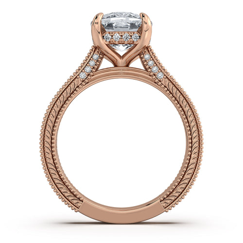 Load image 1 in gallery view. Rose Gold Cushion Hand-Engraved Diamond Engagement Ring Profile View | Waco Diamonds Is Located In Waco, TX | Central Texas' #1 Engagement Ring Store With Lifetime Warranty