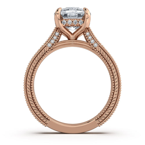 Load image 1 in gallery view. Rose Gold Cushion Hand-Engraved Diamond Engagement Ring Profile View | Waco Diamonds Is Located In Waco, TX | Central Texas' #1 Engagement Ring Store With Lifetime Warranty