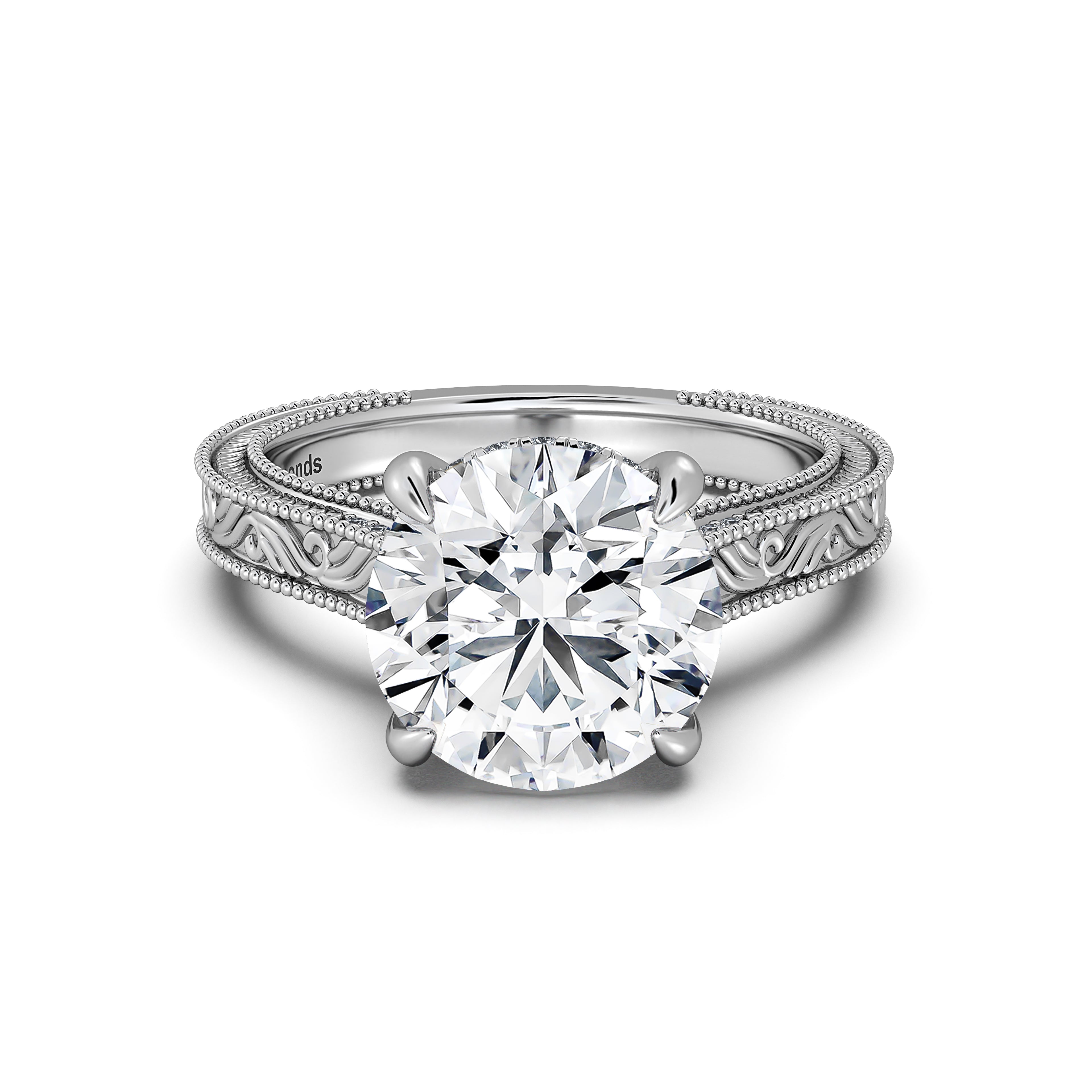 White Gold Round Hand-Engraved Diamond Engagement Ring | Waco Diamonds Is Located In Waco, TX | Central Texas' #1 Engagement Ring Store With Lifetime Warranty