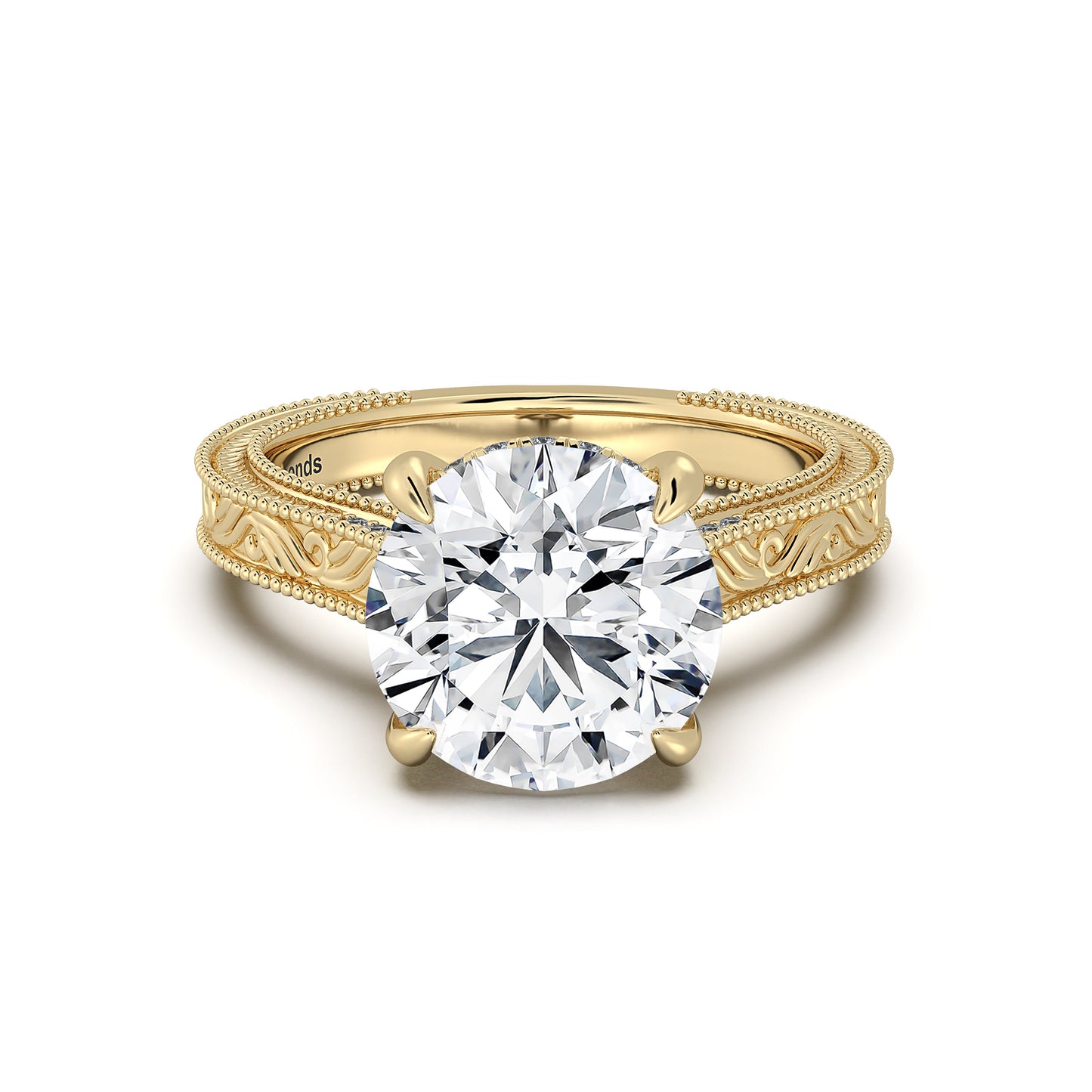 Yellow Gold Round Hand-Engraved Diamond Engagement Ring | Waco Diamonds Is Located In Waco, TX | Central Texas' #1 Engagement Ring Store With Lifetime Warranty