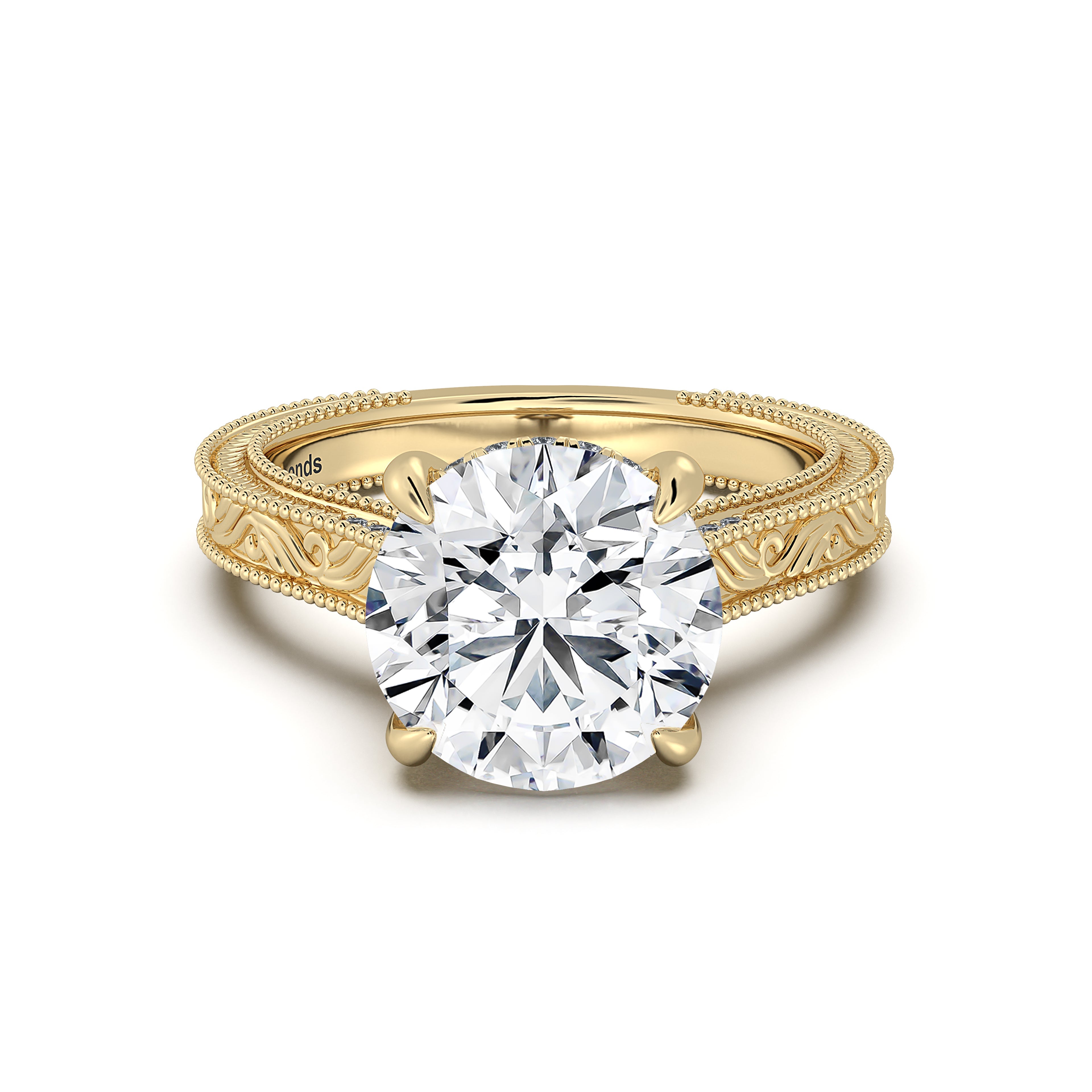 Yellow Gold Round Hand-Engraved Diamond Engagement Ring | Waco Diamonds Is Located In Waco, TX | Central Texas' #1 Engagement Ring Store With Lifetime Warranty