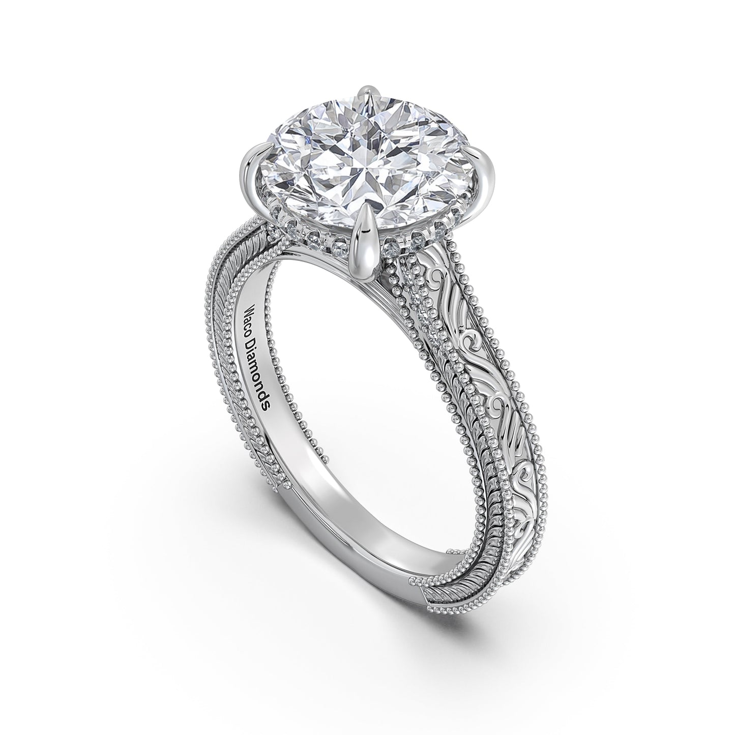 White Gold Round Hand-Engraved Diamond Engagement Ring Side Profile | Waco Diamonds Is Located In Waco, TX | Central Texas' #1 Engagement Ring Store With Lifetime Warranty