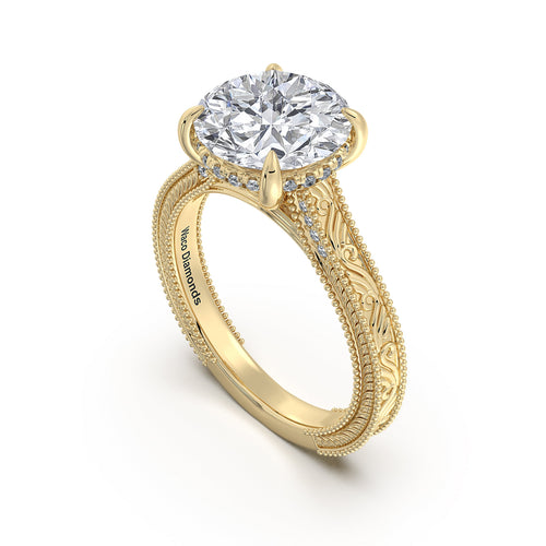 Load image 1 in gallery view. Yellow Gold Round Hand-Engraved Diamond Engagement Ring Side Profile | Waco Diamonds Is Located In Waco, TX | Central Texas' #1 Engagement Ring Store With Lifetime Warranty