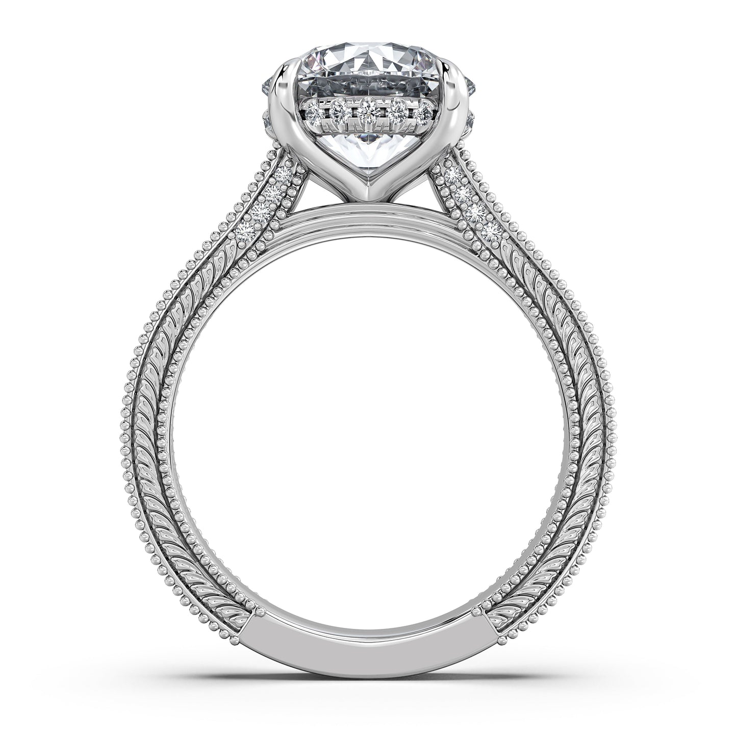 White Gold Round Hand-Engraved Diamond Engagement Ring Profile View | Waco Diamonds Is Located In Waco, TX | Central Texas' #1 Engagement Ring Store With Lifetime Warranty
