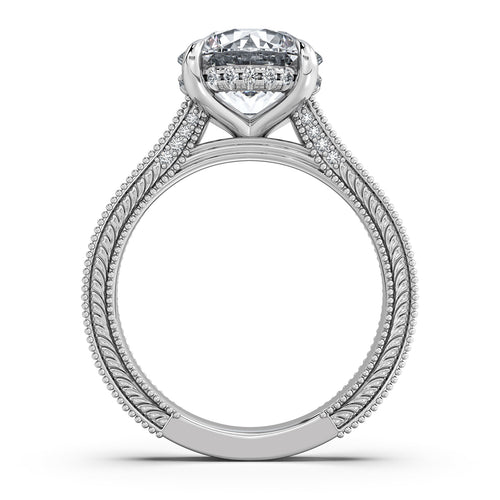 Load image 1 in gallery view. White Gold Round Hand-Engraved Diamond Engagement Ring Profile View | Waco Diamonds Is Located In Waco, TX | Central Texas' #1 Engagement Ring Store With Lifetime Warranty