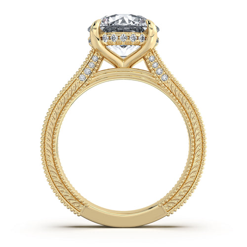 Load image 1 in gallery view. Yellow Gold Round Hand-Engraved Diamond Engagement Ring Profile View | Waco Diamonds Is Located In Waco, TX | Central Texas' #1 Engagement Ring Store With Lifetime Warranty